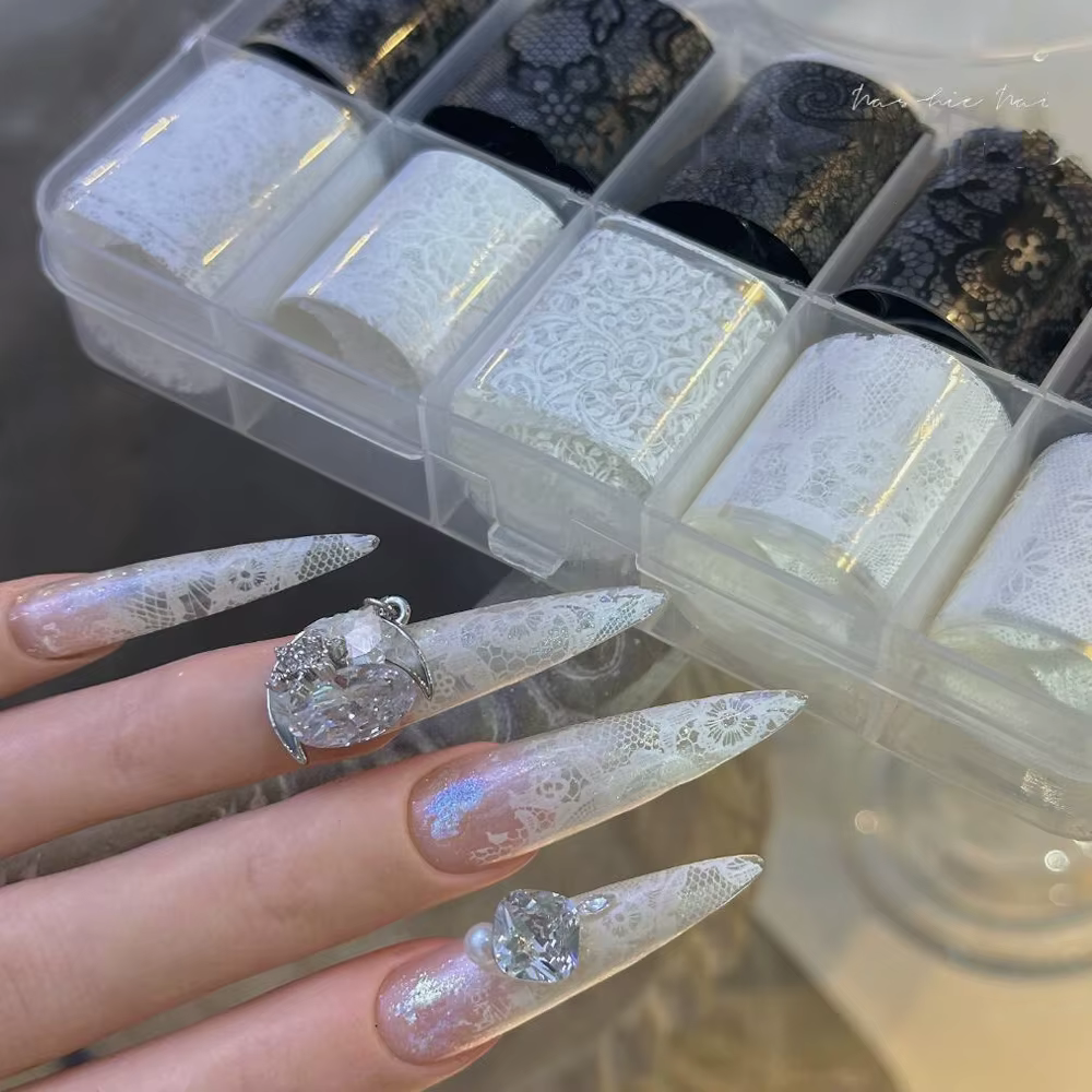 10 rouleaux 4x50CM noir blanc dentelle transfert autocollant pour ongles Sexy fleur dentelle Nail Ar