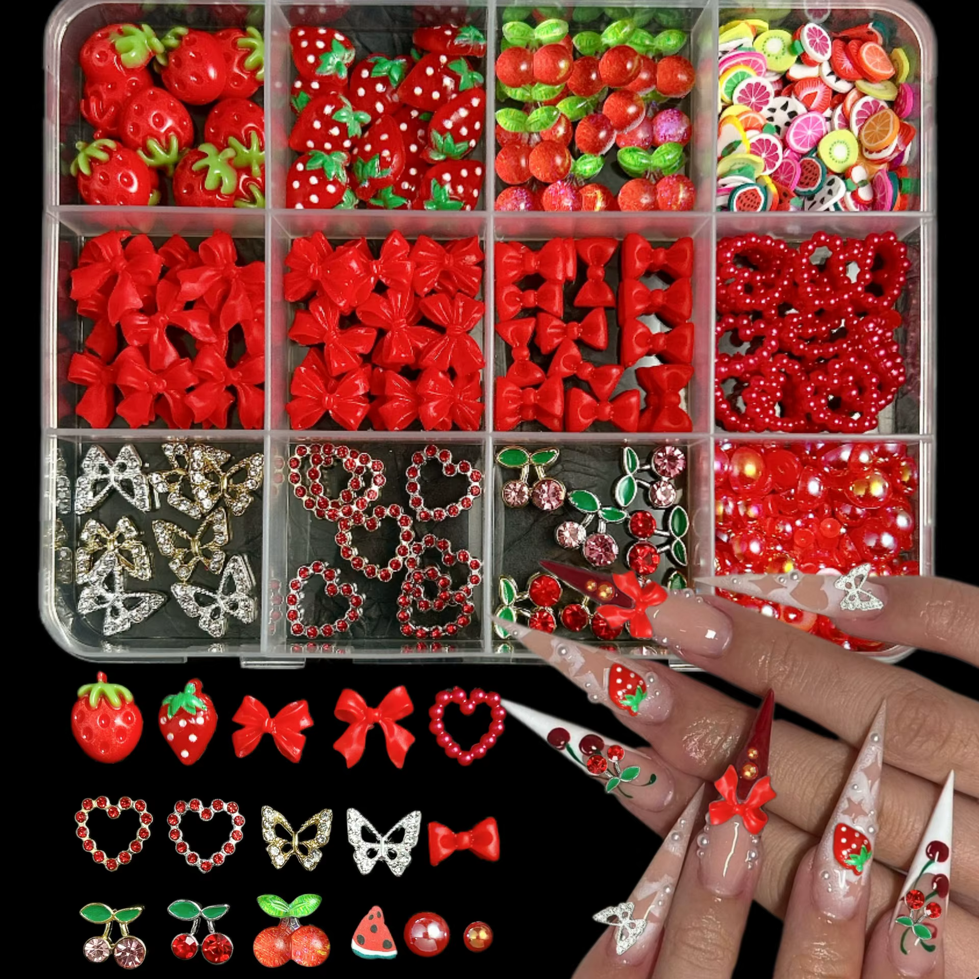 Breloques 3D cerise rouge/fraise/arc pour Nail Art, 12 grilles, alliage papillon/amour/ruban Y2K, dé