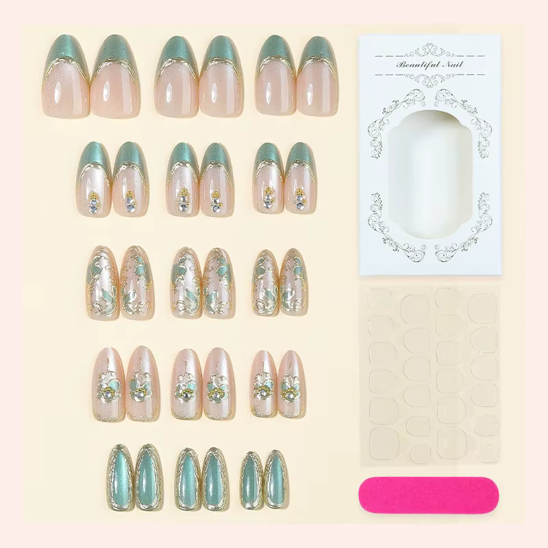 30 Pièces de Faux Ongles Amande Luxueux avec un Toucher Haut de Gamme, Dégradé Floral Tridimensionne