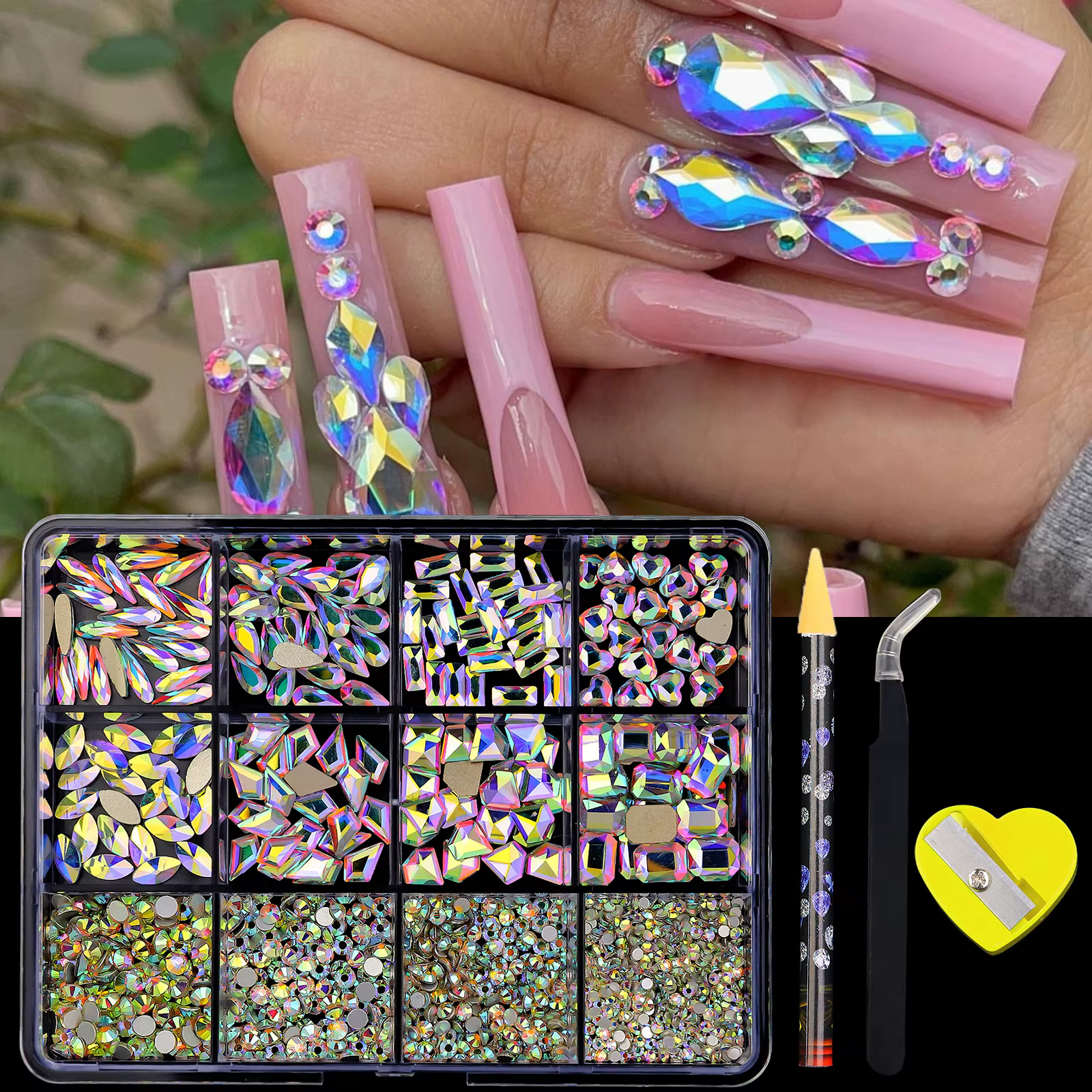 780-980 pièces 3D multi-formes luxe Nail Art strass clair/AB/rouge/bleu foret à fond plat avec stylo