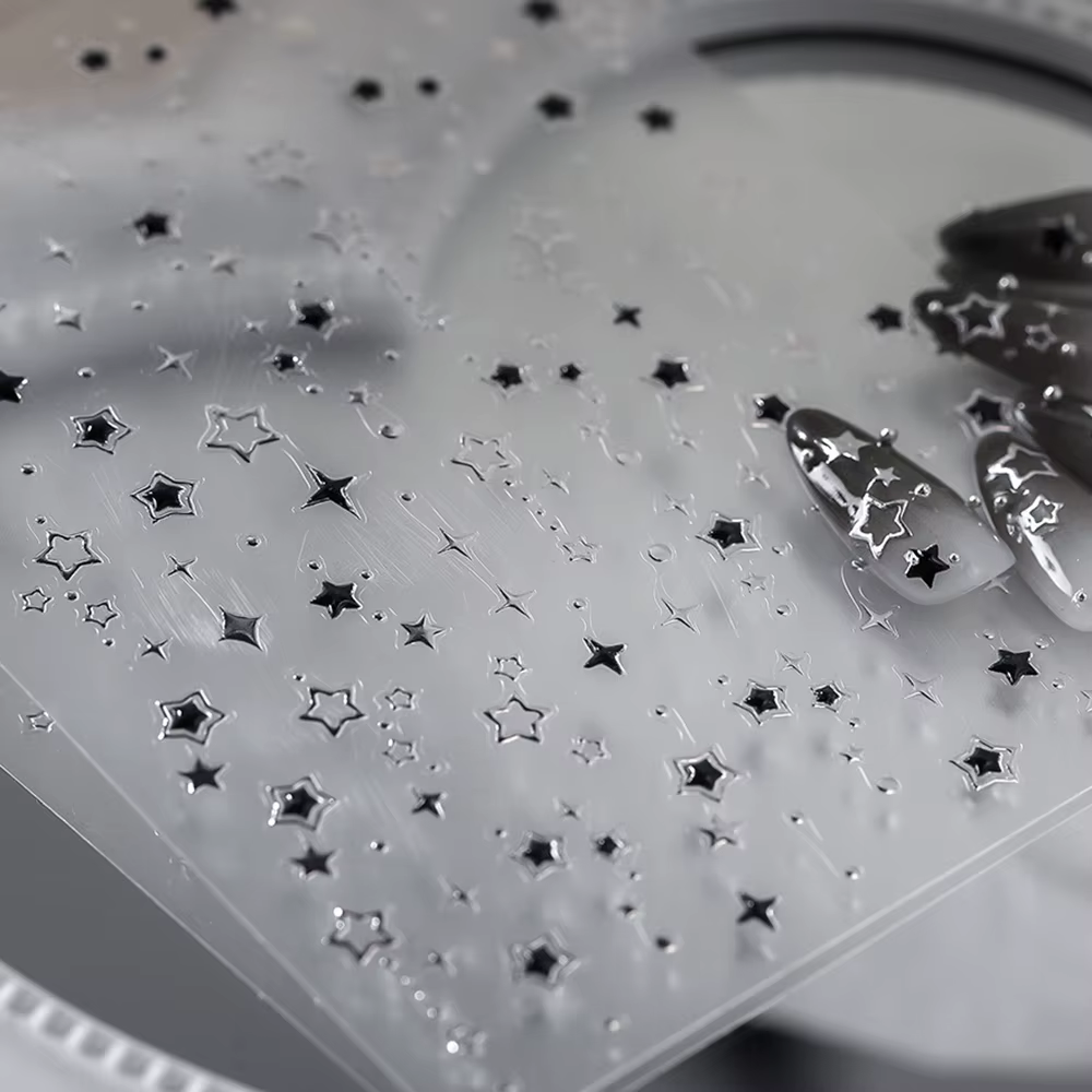 Autocollants pour ongles étoiles de luxe 5D, décalcomanies pour Nail Art, noir et argent, dorure ajo