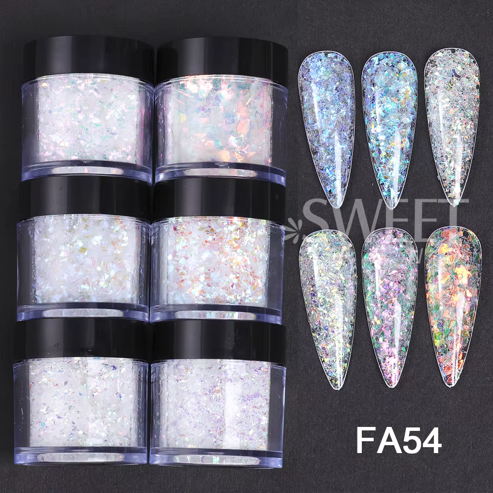 6 bouteilles de Paillettes blanches irisées pour Nail Art, sirène brillante, aurore, tranches irrégu