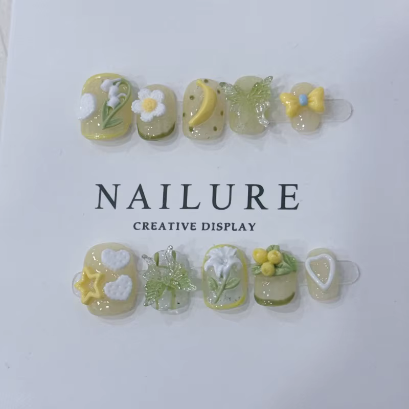 10 pièces ongles à la main printemps prêt à l'emploi pointes d'ongles artificiels fleurs 3d faux ong