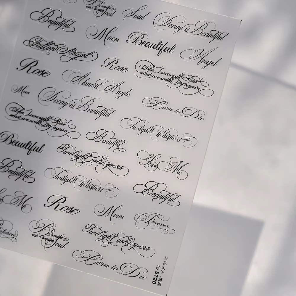 Autocollants pour ongles à motifs lettres anglaises, noir et blanc, style artistique, design manuscr