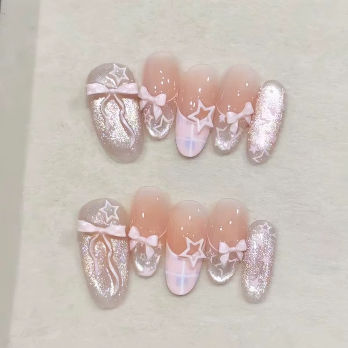 24 faux ongles en amande avec nœud et perles, design mignon pour filles, ongles à presser roses, fau