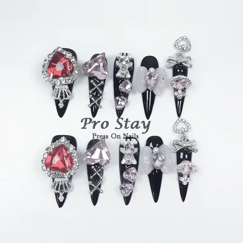 Faux ongles artificiels noirs foncés Y2k, faits à la main, à pression, doux et frais, avec diamant, 