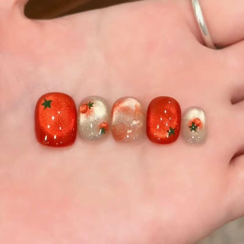 10 pièces ongles à pression courts ovales rouges festifs avec un design de tomate mignon finition br
