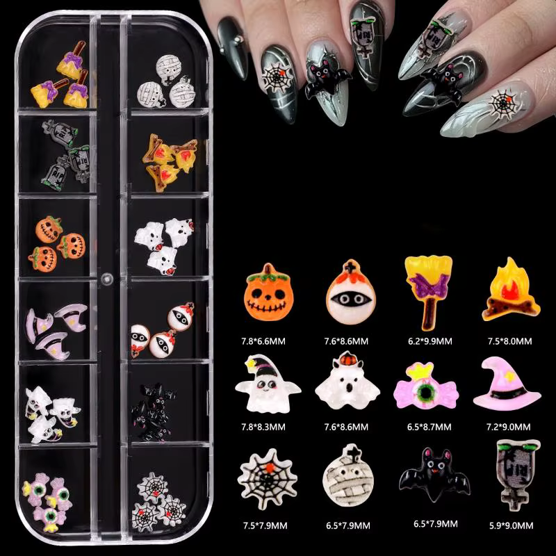 12 grilles série Halloween Nail Art bijoux dessin animé fantôme citrouille araignée chauve-souris br