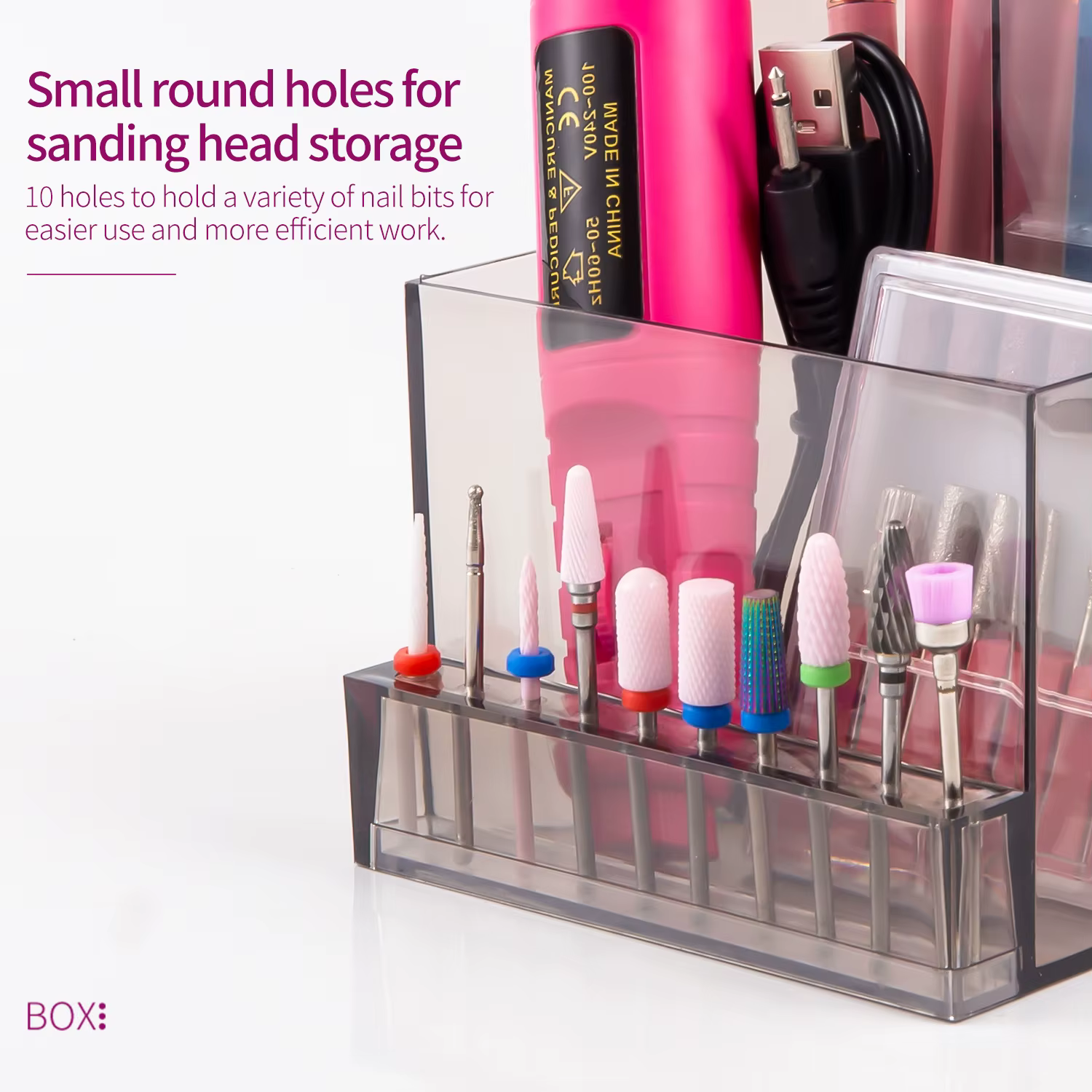 Perceuse à ongles translucide, organisateur de produits pour ongles, fournitures, embouts à ongles, 