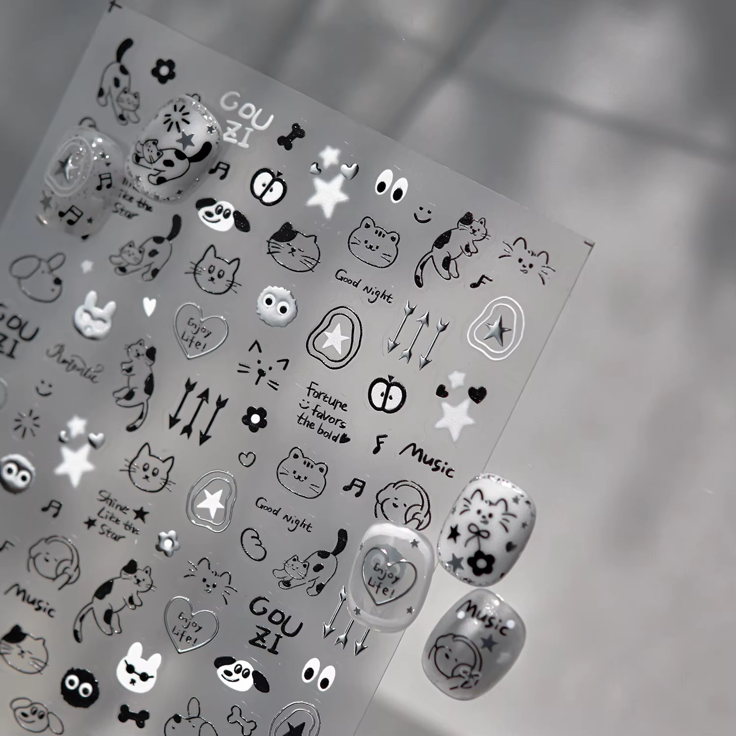Autocollants pour ongles Anime en métal 5D, avec chats, Graffiti mignon, petit chat noir, accessoire