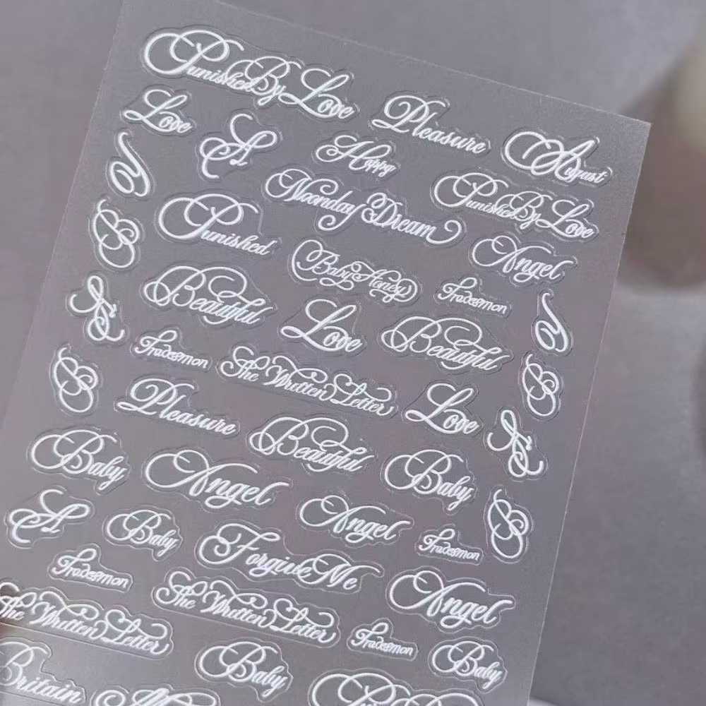 Nouveaux autocollants pour ongles en lettres anglaises, police artistique noir et blanc, décoration 