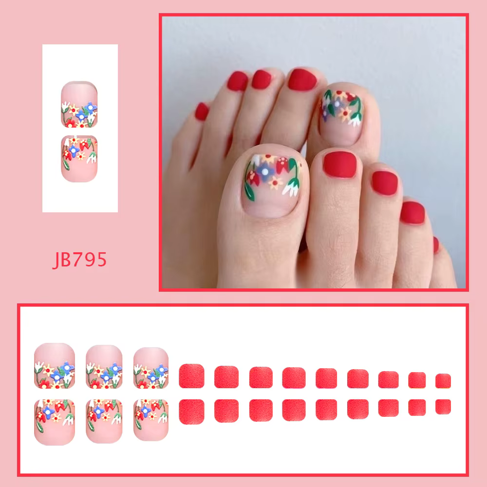 Faux ongles à pression rouge d'été, 24 pièces, fleurs de dessin animé, pointes pour femmes, portable