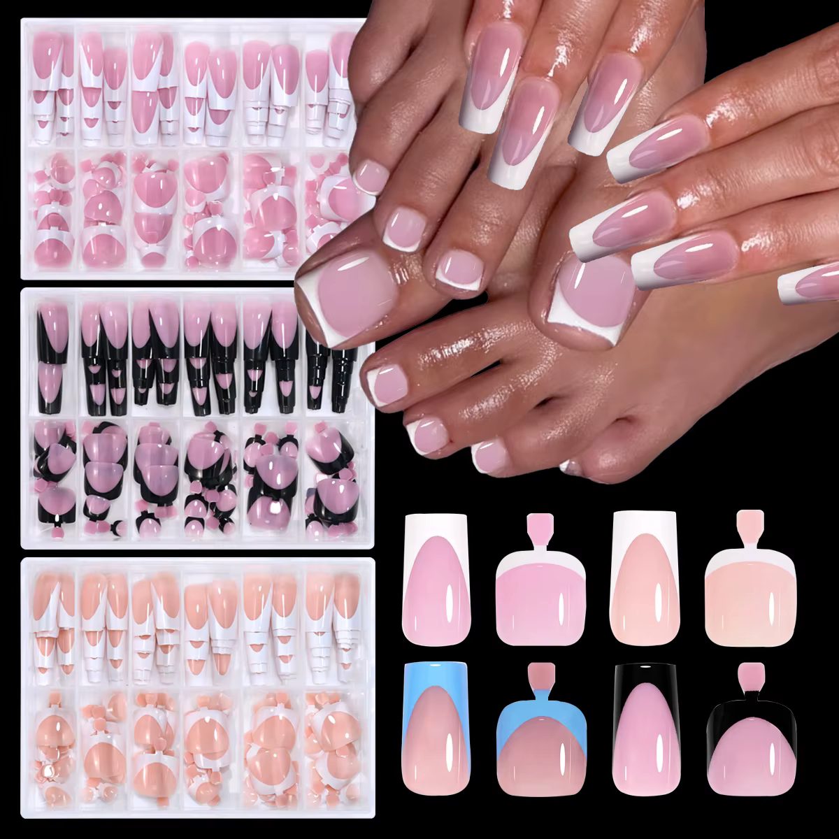 144 pièces français noir rose main et pied portant des ongles ensemble court carré faux ongles press