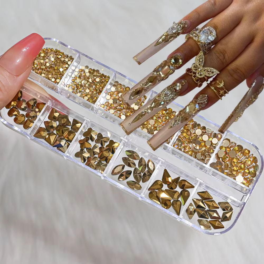 12 grilles 3D rouge Nail Art strass mixte coeur/papillon/rond/goutte verre diamants bricolage manucu