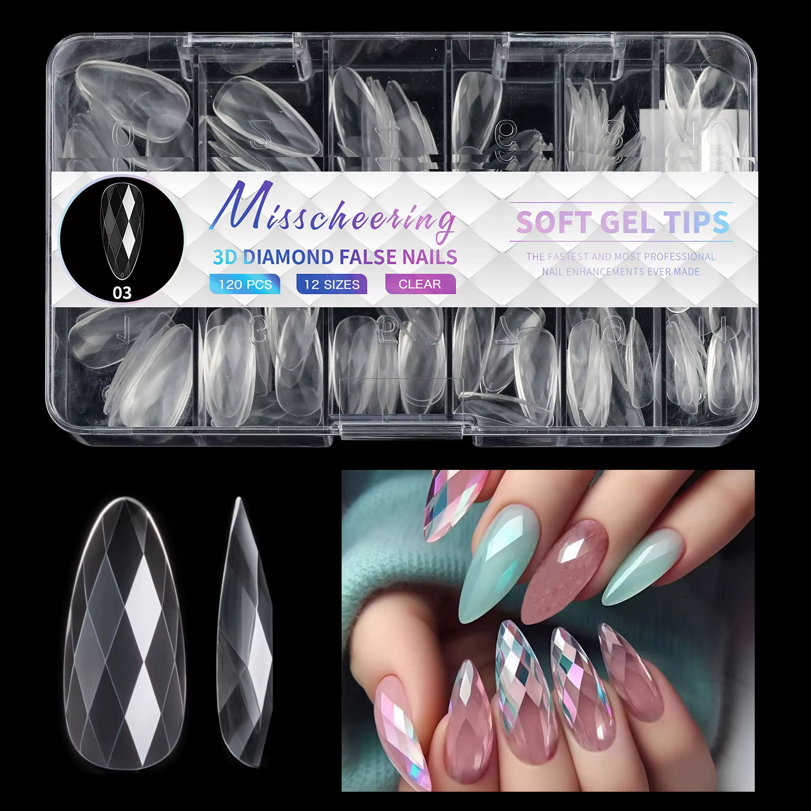 Faux ongles 3D en forme de diamant, amande, transparents, sans marquage, givrés, carrés, ovales, por