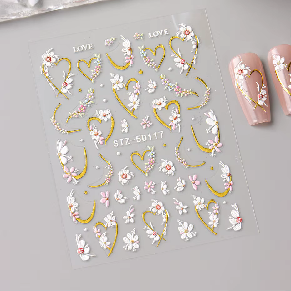 5D en relief Kawaii Floral or ligne curseurs printemps fleurs blanches ongles autocollants bricolage