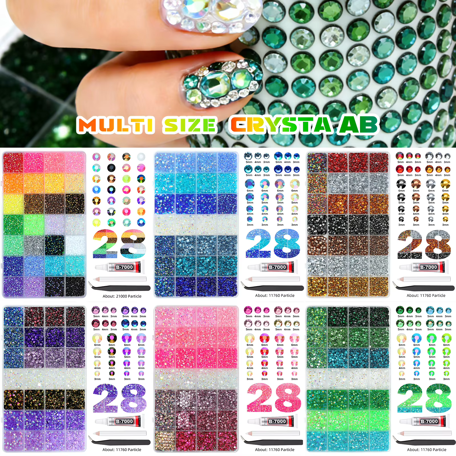 Ensemble de strass en résine de couleur mélangée 28Grid 3/4/5/6mm, strass AB à dos plat, pour la déc