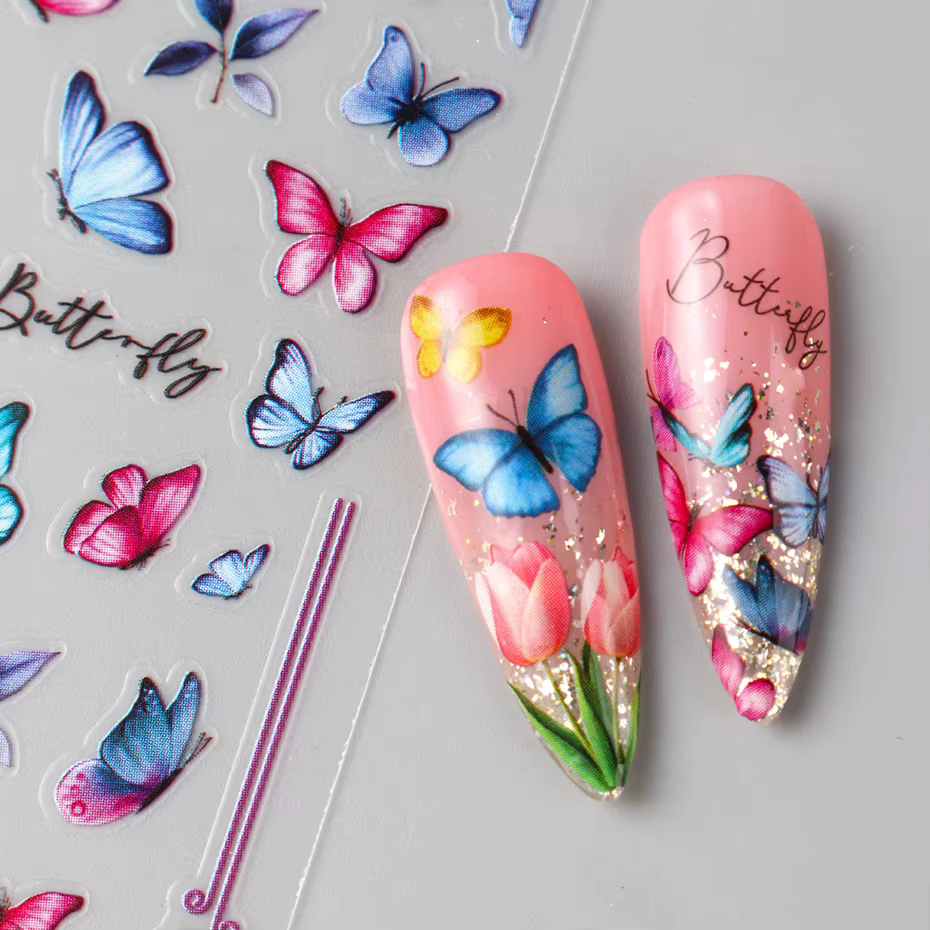 10 pièces coloré printemps été papillon Nail Art autocollants brillant multicolore papillon fleurs a