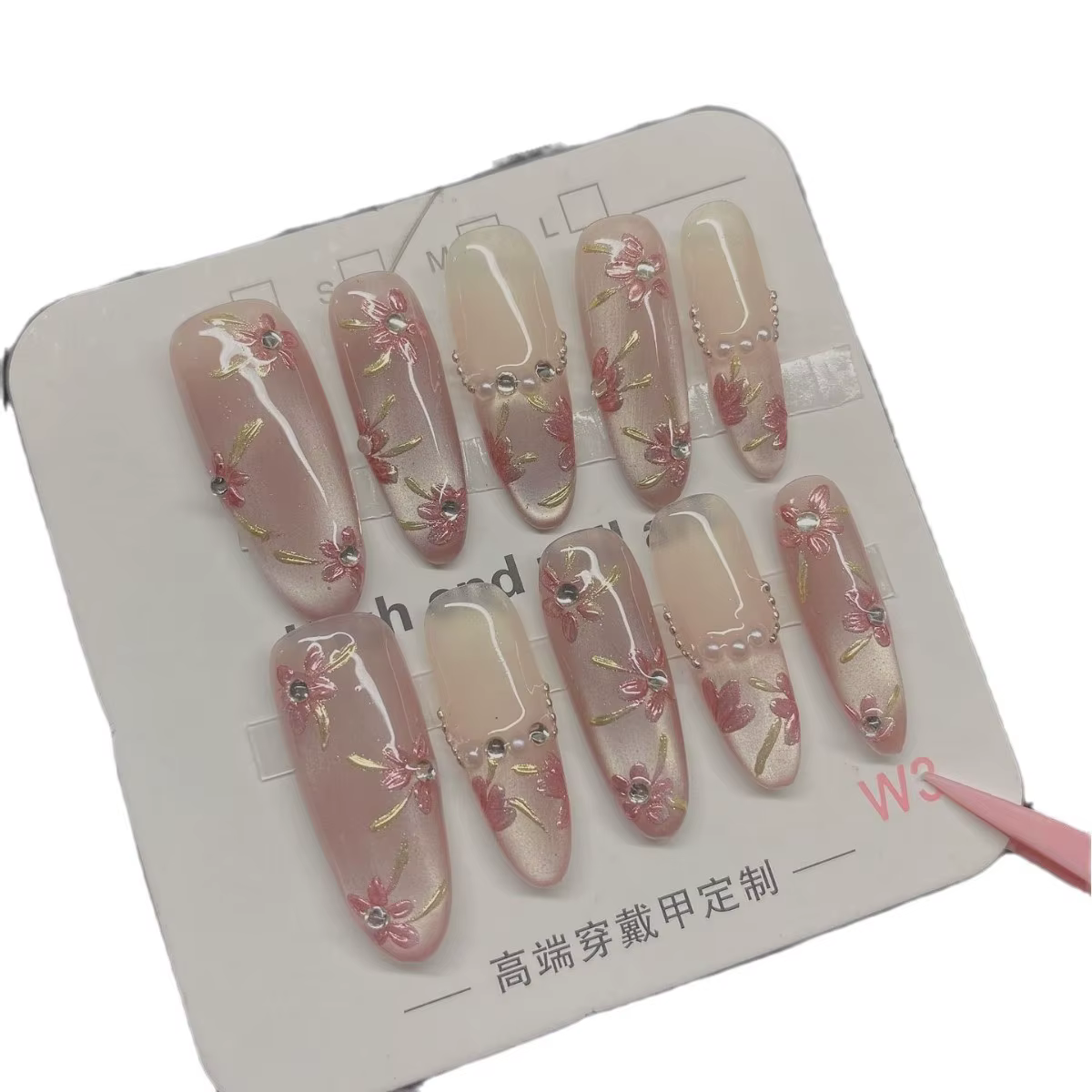 10 pièces longues fleurs ovales ongles faits à la main perles françaises presse sur ongles strobosco