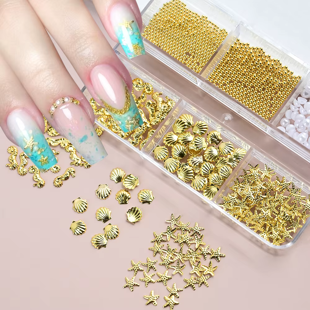 Breloques en métal pour Nail Art, 6 grilles, océan d'été, coquille 3D, étoile de mer, hippocampe, pe