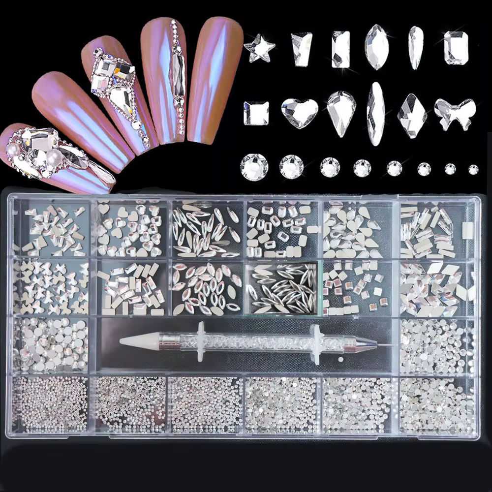 2500 pièces verre cristal diamant Nail Art strass 21 grille boîte bijoux de luxe gemmes ongles charm