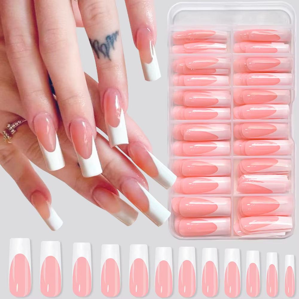 120 pièces brillant rose français presse sur ongles 12 tailles longs carrés faux ongles blanc bord c