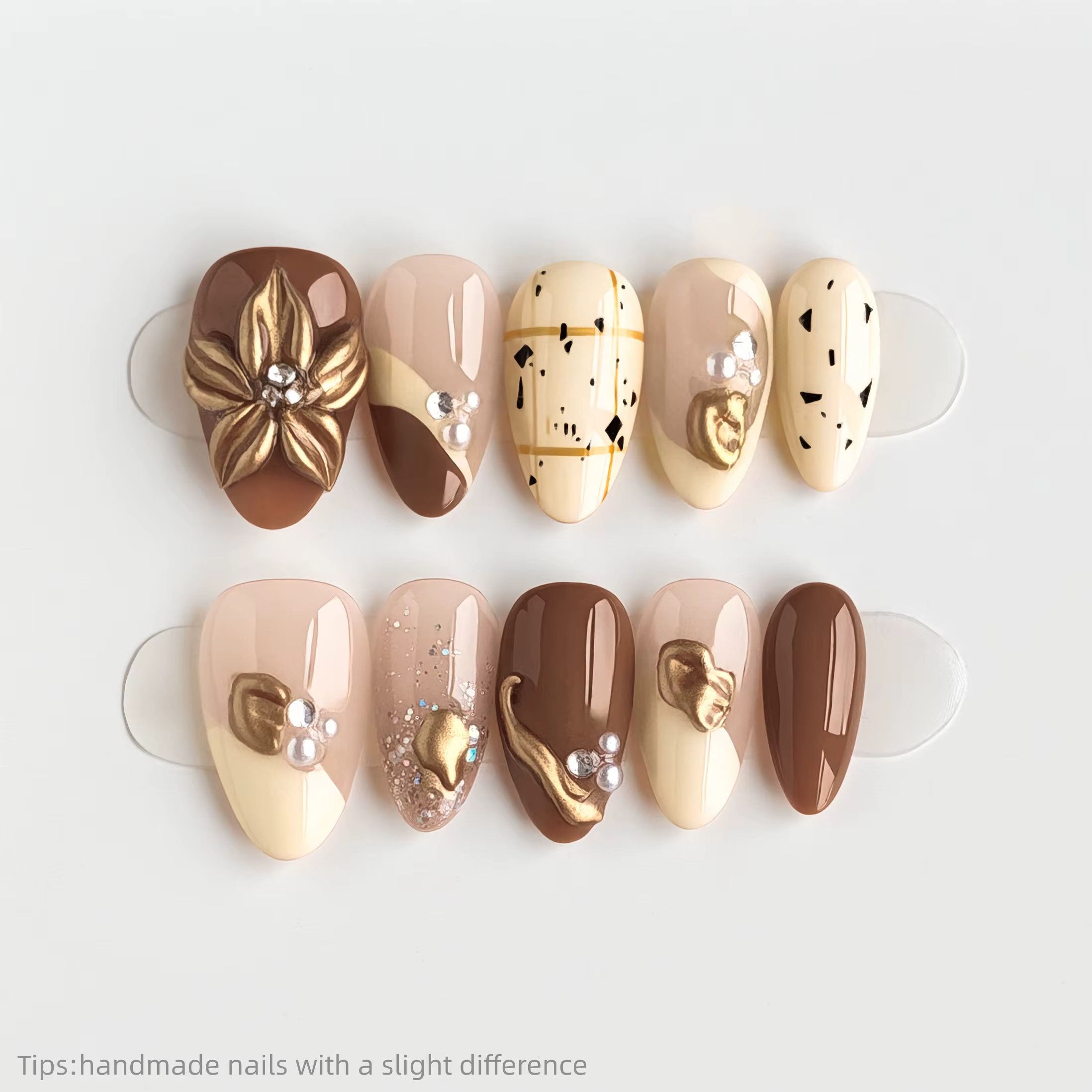 10 pièces à la main marron nu or Gel fleur presse sur ongles amande courte couverture complète porta