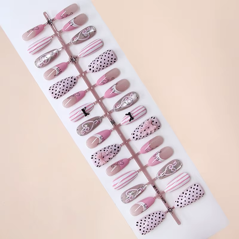 30 faux ongles roses press-on, design nœud rose, style français amande, brillants, tendance coréenne