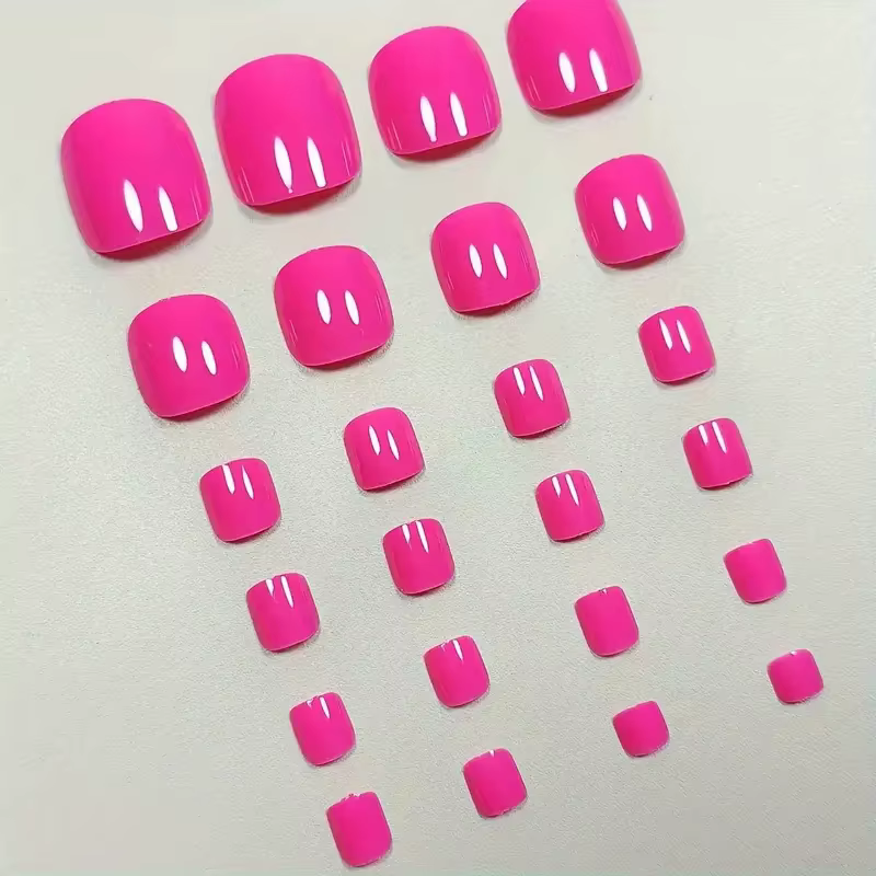 24 pièces ongles pressés rose vif, faux ongles courts, ongles carrés en acrylique pour le pressage d