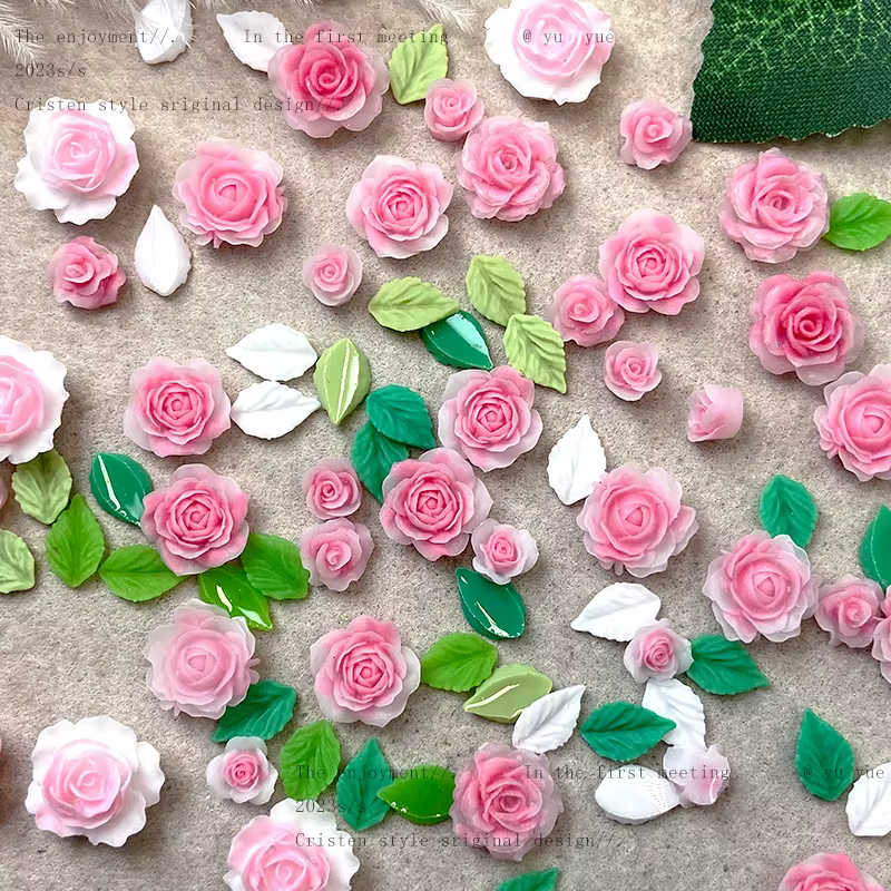 Accessoires pour Nail Art, fleur rose pêche, camélia lumineuse, feuilles rouges, breloques en résine