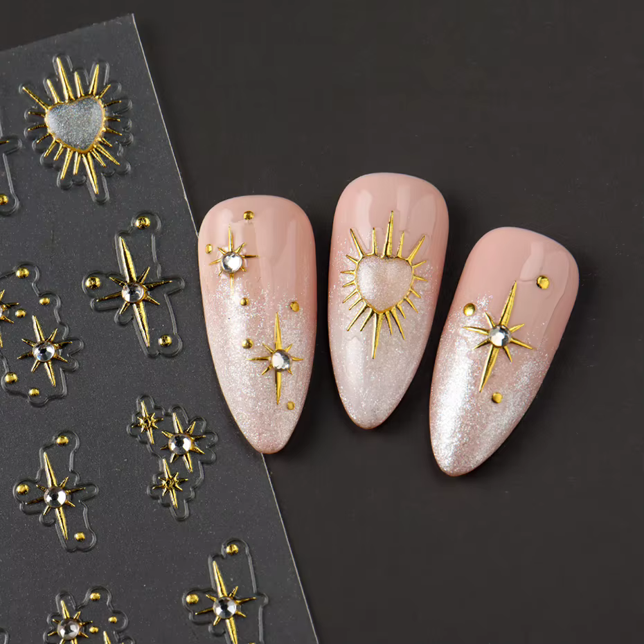 Autocollants adhésifs étoiles en cristal brillant pour ongles, 2 pièces, cœur doré, lumière des étoi