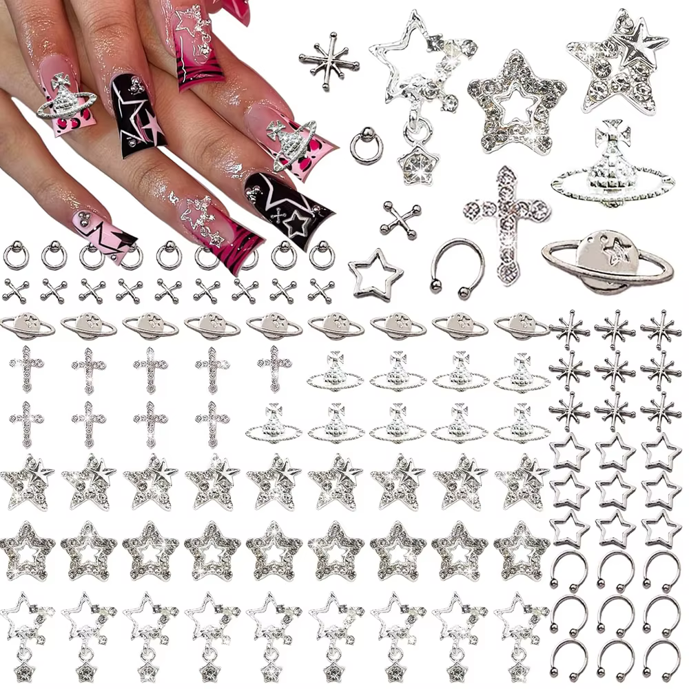 Breloques à ongles en alliage pour Nail Art, étoile argentée, planète, croix, décoration, charbon, b