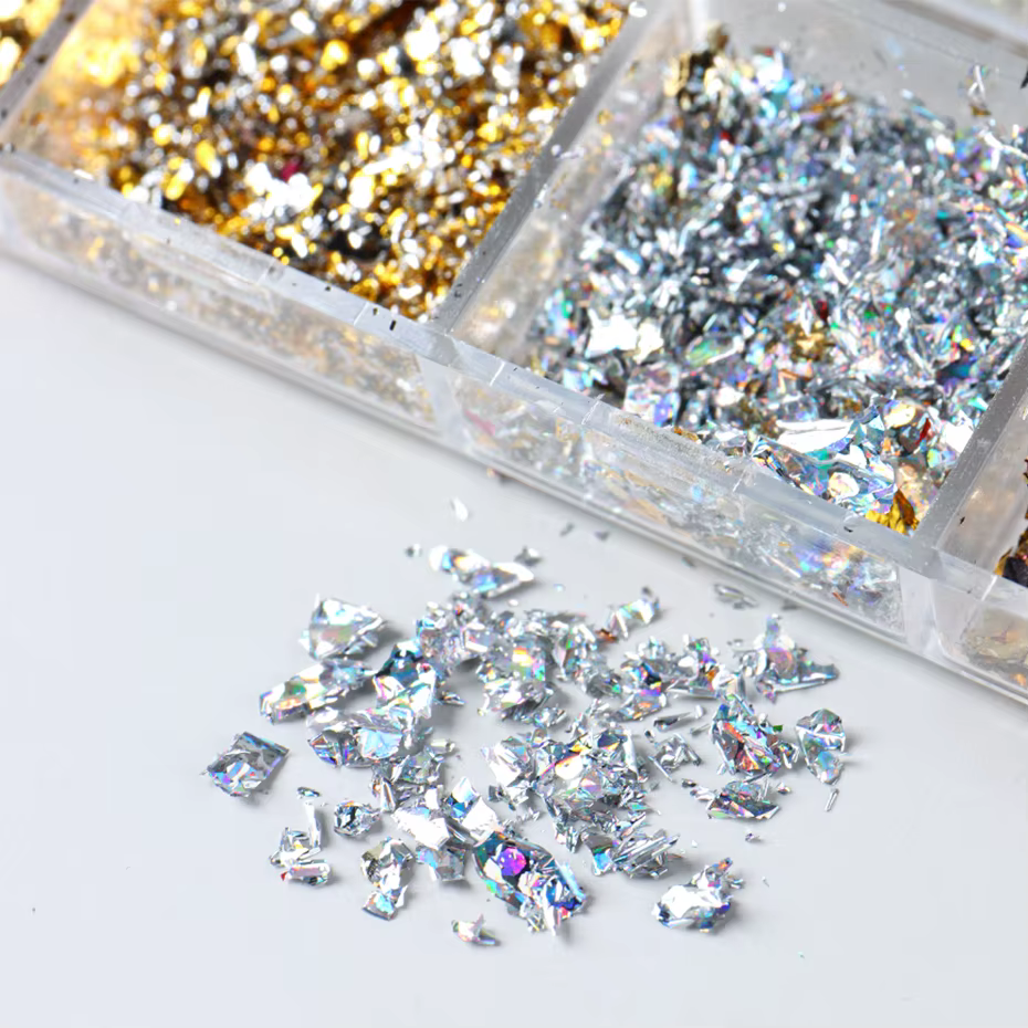 Feuilles d'or pour ongles magnifiques, 12 couleurs, paillettes aléatoires, flocons d'aluminium, puce