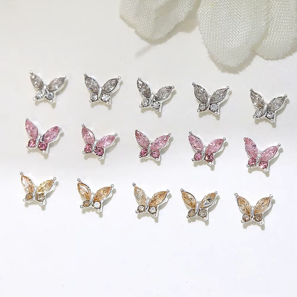 Mini breloques papillon en cristal pour Nail Art, diamant 3D, pièces de bijoux, rose, métal clair, m