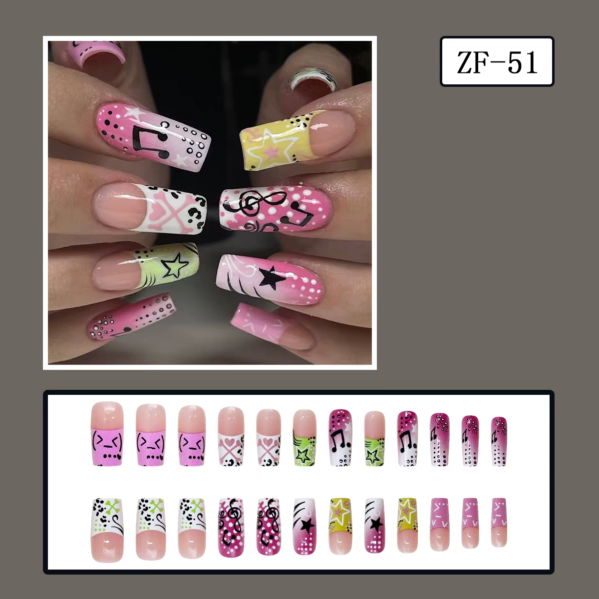 24 faux ongles style Y2K pour filles, motif note de musique et étoile, longs, forme cercueil, à pres