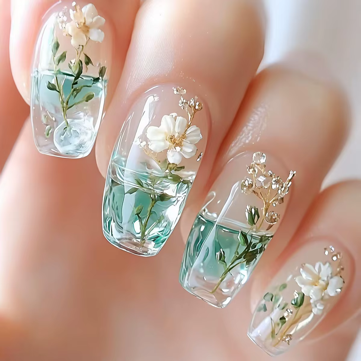 Faux ongles moyens pour femmes et filles, couleur verte dégradée semi-transparente avec motif floral