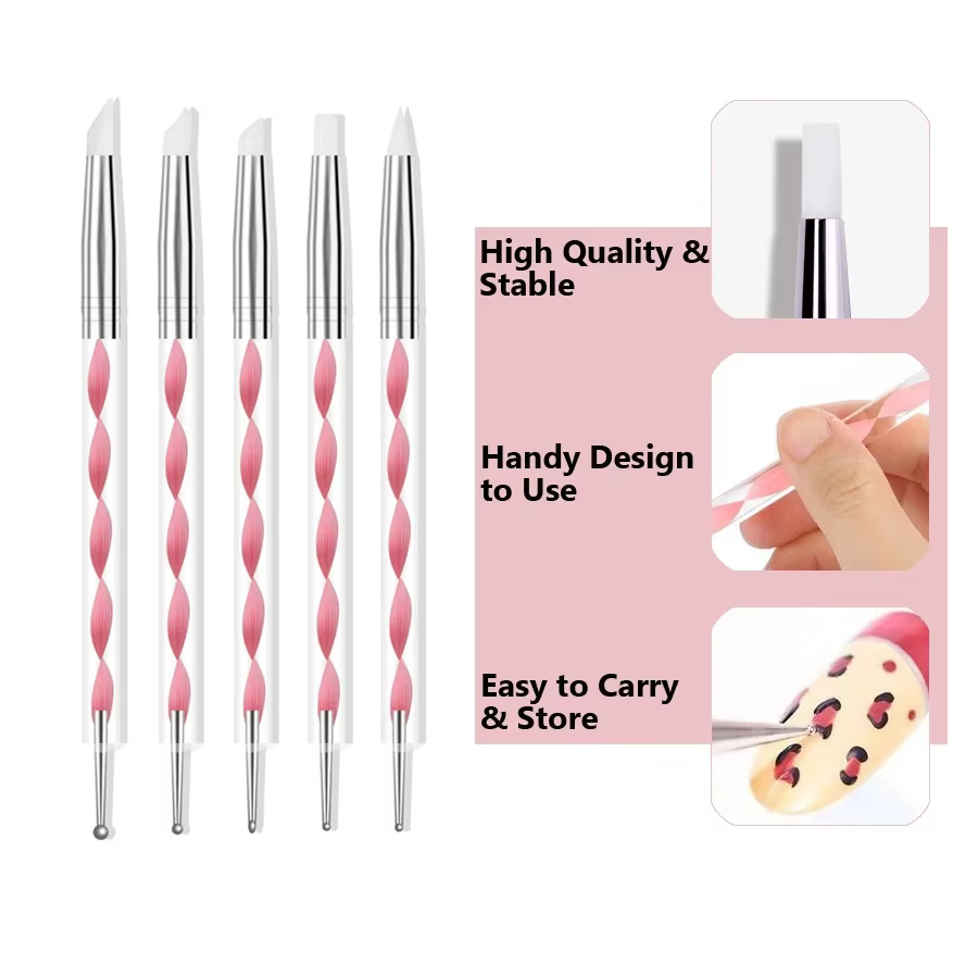 5 pièces 2 voies Nail Art acrylique Silicone pointe fleur stylo à ongles en acier inoxydable outils