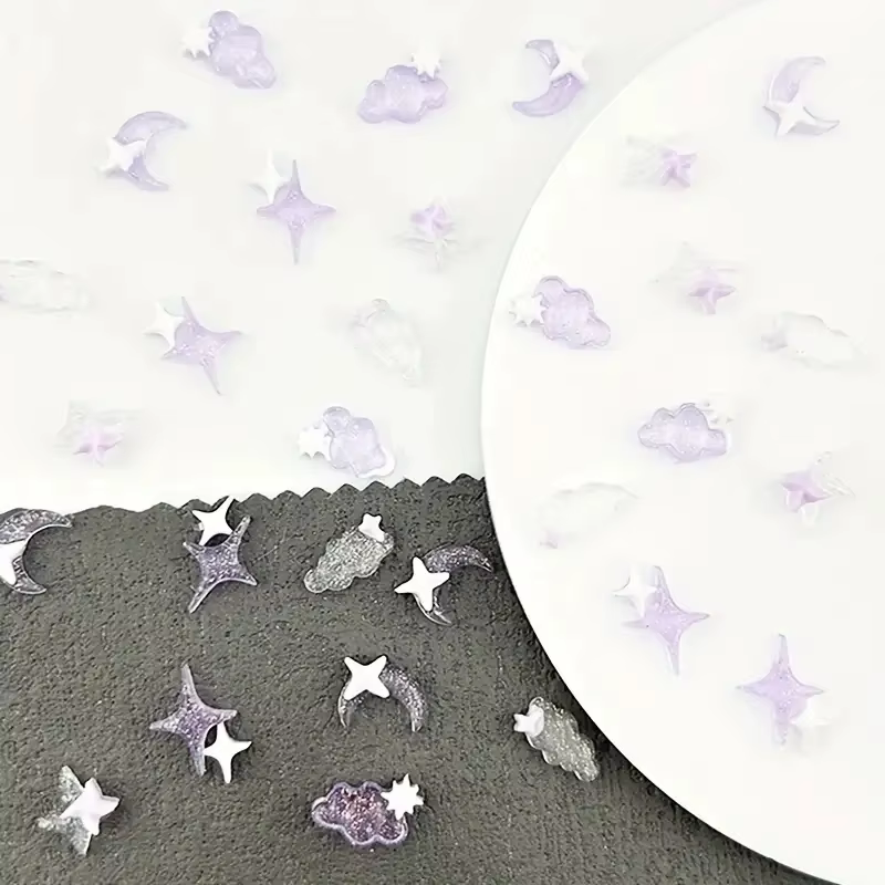 50pcs violet mélangé 3D lune nuage étoile breloques pour ongles en vrac Kawaii Lumionus Mini nuage d