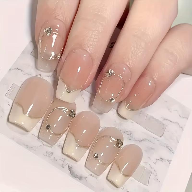 Faux ongles français faits à la main, haut de gamme, léger, de luxe, style court, petit patch de déc