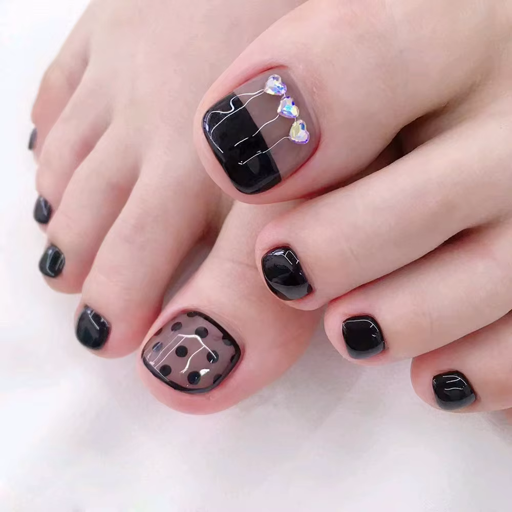 24 faux ongles courts carrés à presser, bord noir, style français, avec strass, amovibles, couvertur