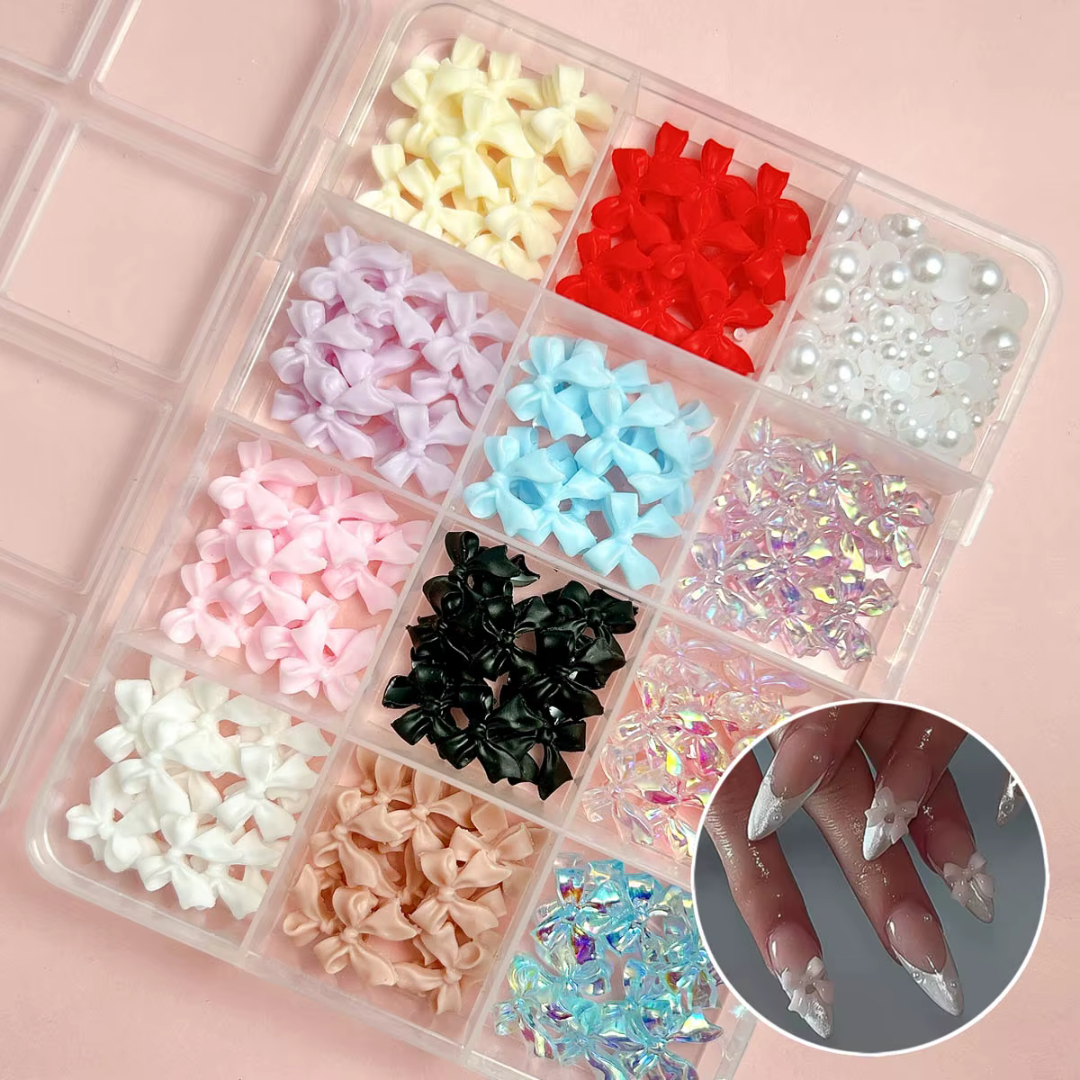 Boîte de nœuds de ruban doux 3D, plusieurs couleurs, breloques pour ongles en résine, perles artific