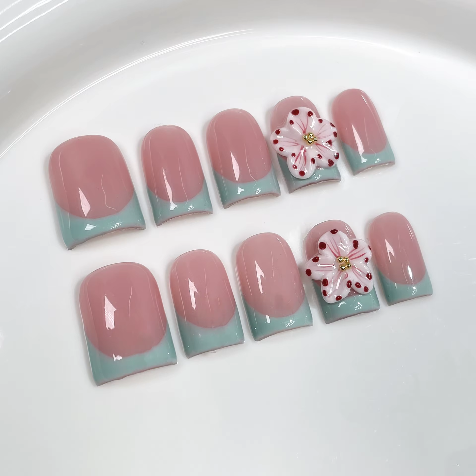 10 pièces cercueil court fait à la main presse sur les ongles avec sculpture 3d fleur conception fau