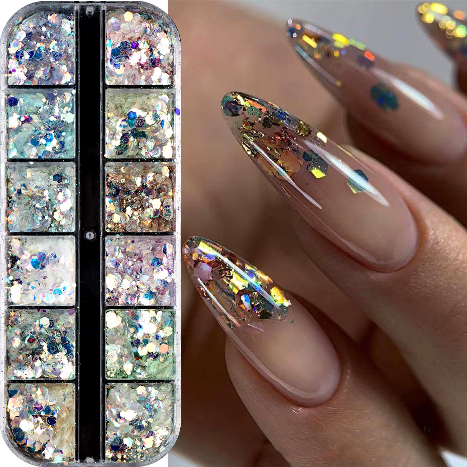 12 grilles scintillantes sirène hexagone Nail Art paillettes paillettes holographique miroir ongles 
