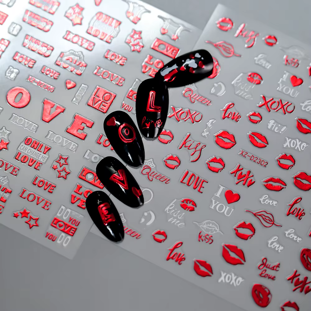 Ensemble d'autocollants pour ongles en forme de cœur rouge, saint-valentin, baiser 3D, lèvres rouges
