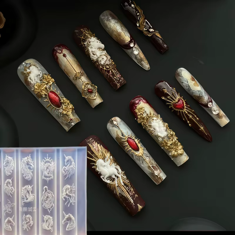 Moule à ongles en silicone transparent, motif tête de cheval licorne du Nouvel An, croix lumineuse s