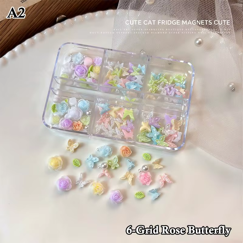 6/12 Grilles de breloques 3D pour nail art, motifs camélia, rose, fleurs, papillons et perles, assor