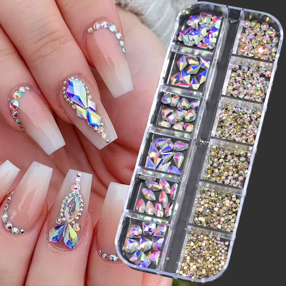 Strass pour Nail Art, 12 grilles, vert, bleu, tailles mixtes, cristal, dos plat, breloques pour ongl