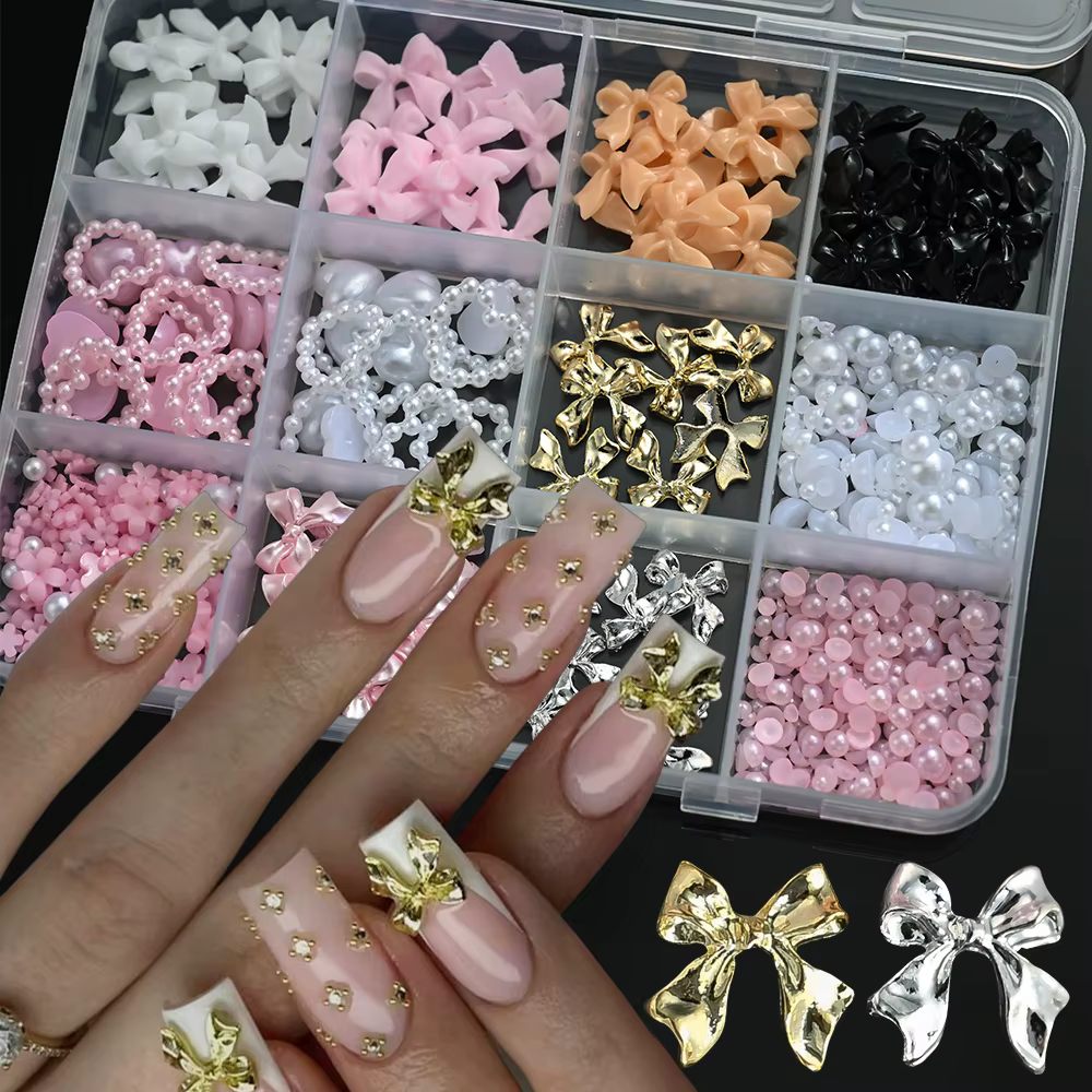 12 grilles 3D ruban multicolore fleur Nail Art breloques simulés pétales amour, nœud papillon en mét