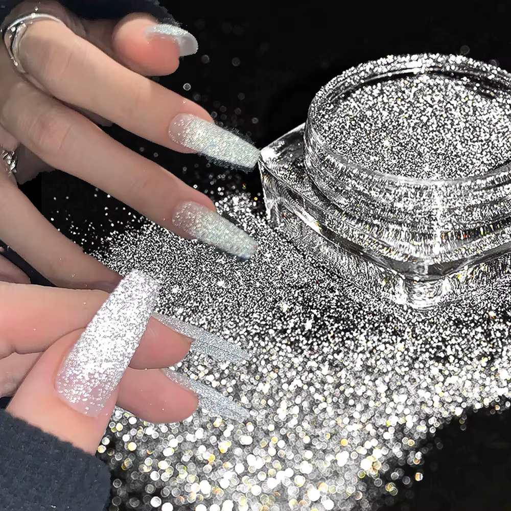 Poudre de paillettes pour ongles brillantes argentées réfléchissantes Net2-3g holographique argent é