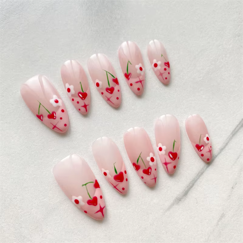 10 faux ongles press-on faits main roses avec cœurs 3D et motifs floraux, durables et réutilisables,